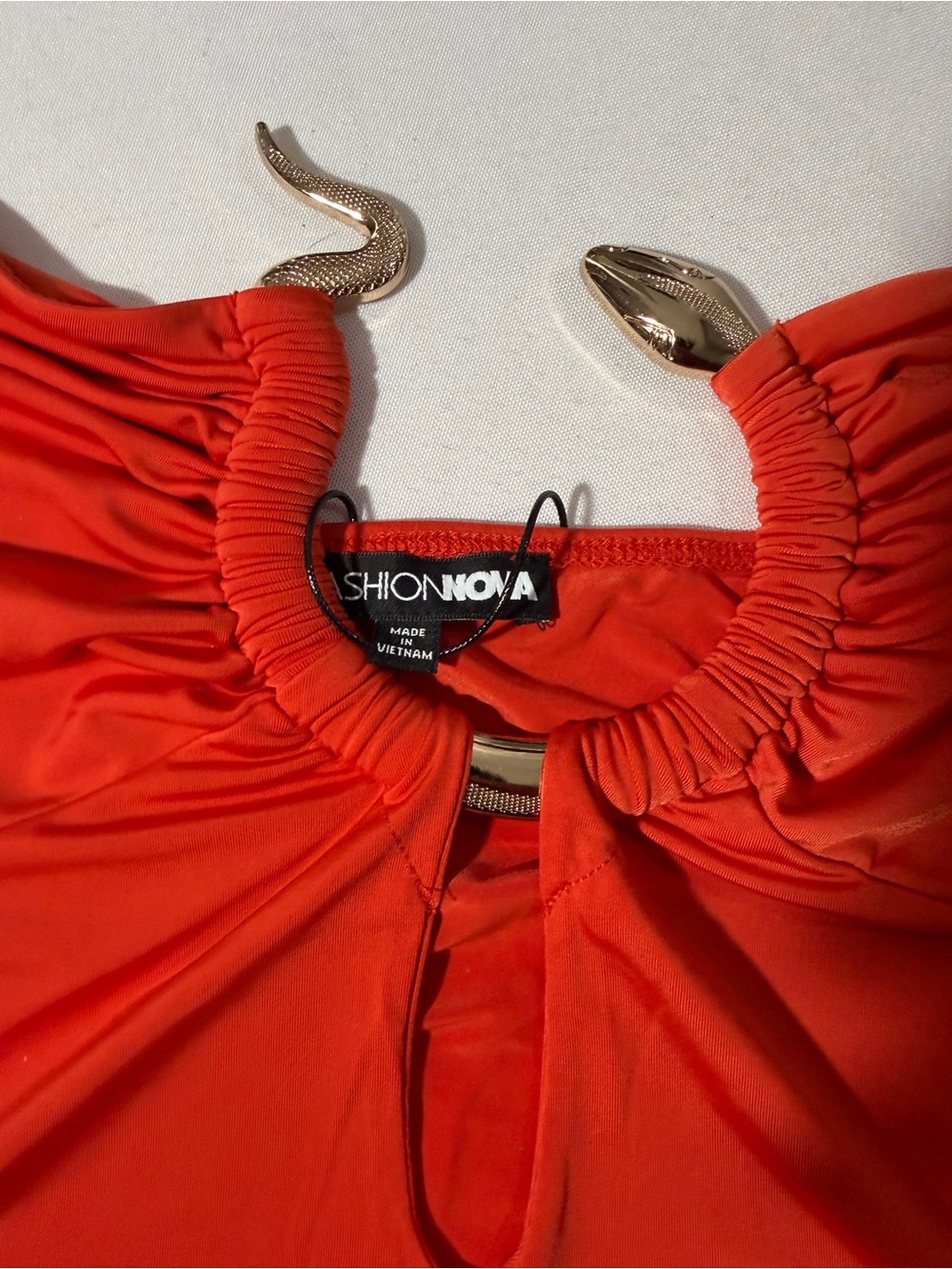 Fashion Nova Bright Orange Halter Top with Gold Snake Accents